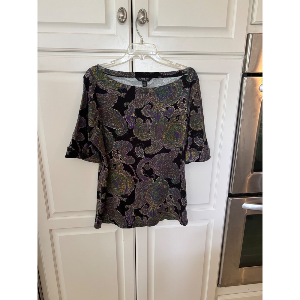 Lauren Ralph Lauren Womens XL Paisley‎ Boat Neck Cuffed Short Sleeve Top Black